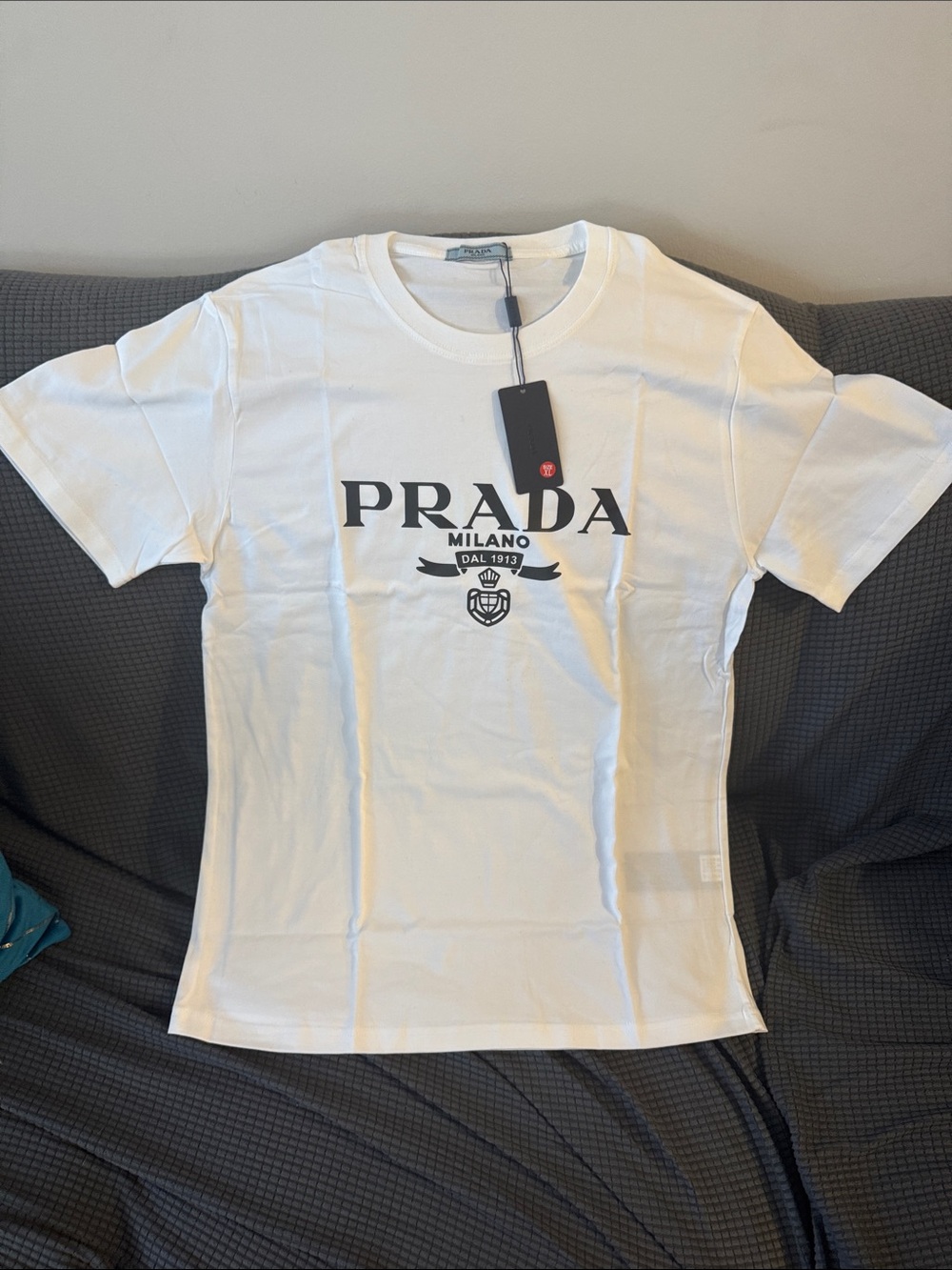 Prada White Crewneck T-Shirt with Green Logo🔥New! Size: XL - Picture 2 of 5